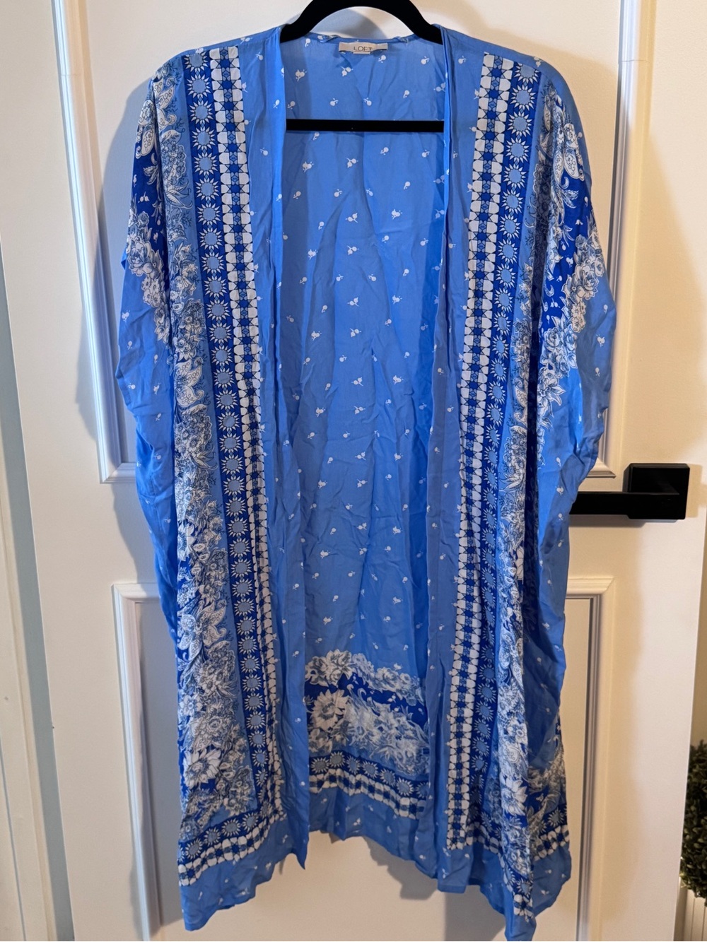 blue floral-printed open-front duster kimono